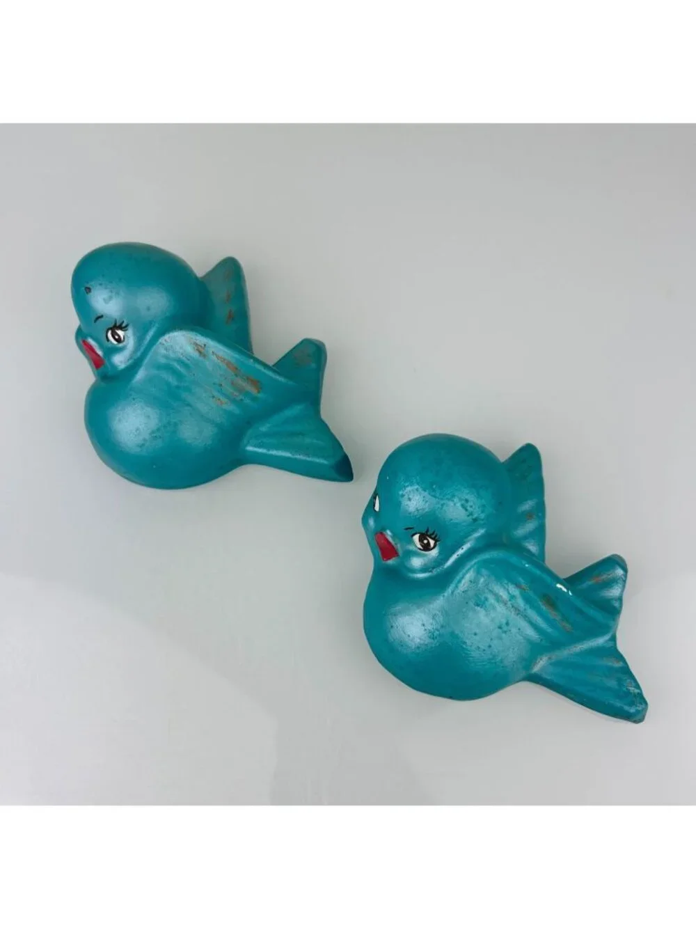 Vintage MCM Teal Chalkware Birds Wall Art Hanging Blue Eyelashes Red Lips Kitsch